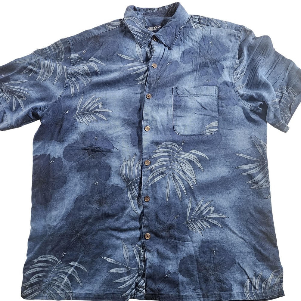 Boca Classics Shirt Mens XL Blue Hawaiian 100%‎ Silk Short Sleeve Button Front